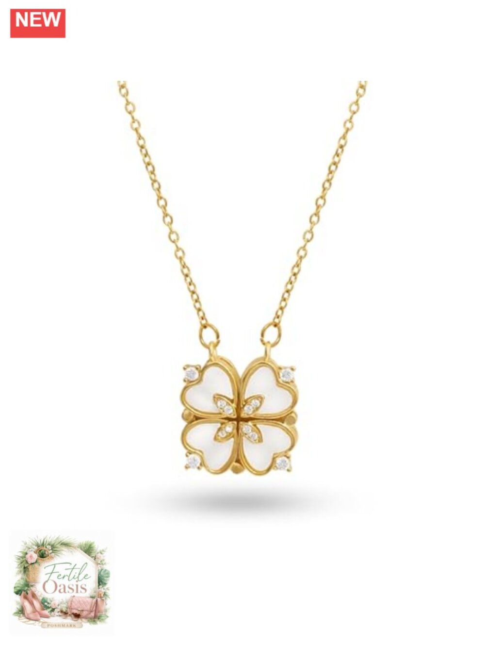 Dainty Gold Plated Heart Clover Pendant Necklace 18K Stainless Steel Crystal